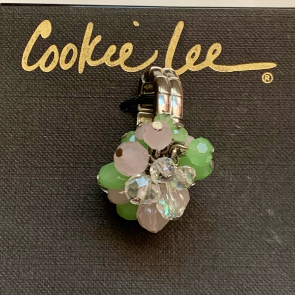 🌳 Genuine Crystal Green Pink & Clear Stretch Ring Silver Tone by Cookie Lee - Picture 6 of 9